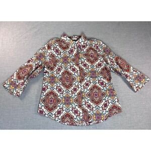 Chicos No Iron Medallion Paisley Button Down Shirt 3/4 Sleeve Multicolor Size 0